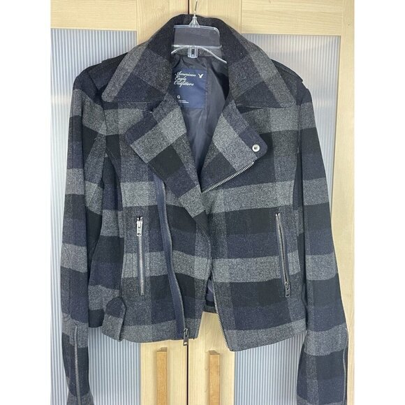 American Eagle Outfitters Jackets & Blazers - American Eagle Outfitters Women Wool Plaid Jacket Moto Coat Preppy Sz L Casual